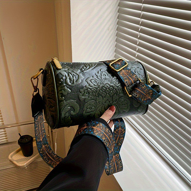 Bolsa Cilíndrica Clássica com Relevo Floral Retrô