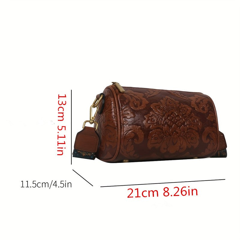 Bolsa Cilíndrica Clássica com Relevo Floral Retrô