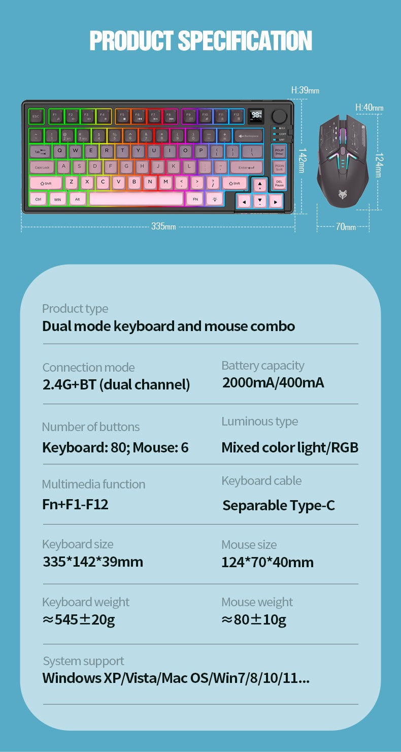 Kit Teclado e Mouse Ergonômicos com Tela, RGB e Precisão 1600DPI