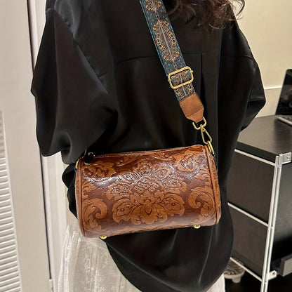 Bolsa Cilíndrica Clássica com Relevo Floral Retrô