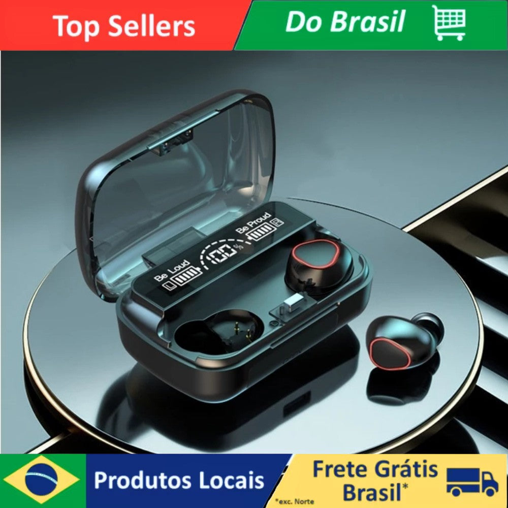 Fone de Ouvido Bluetooth 5.1 com Case LED Digital Bateria de Longa Duração