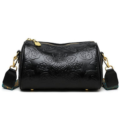 Bolsa Cilíndrica Clássica com Relevo Floral Retrô