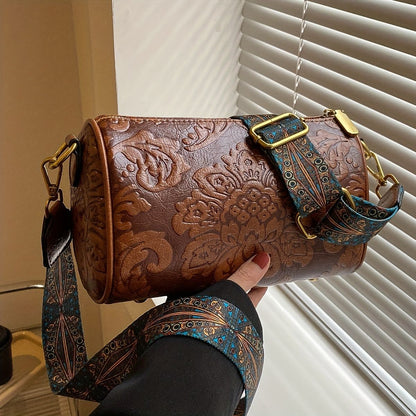 Bolsa Cilíndrica Clássica com Relevo Floral Retrô