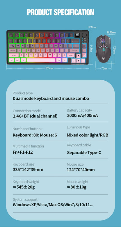 Kit Teclado e Mouse Ergonômicos com Tela, RGB e Precisão 1600DPI