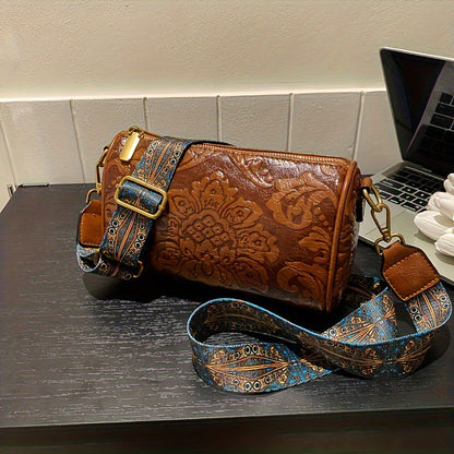 Bolsa Cilíndrica Clássica com Relevo Floral Retrô