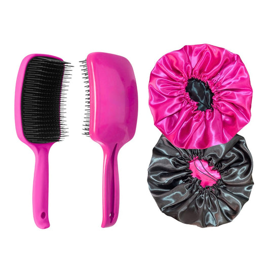 Combo Anti-Frizz: Touca de Cetim Dupla + Escova Raquete Curvada
